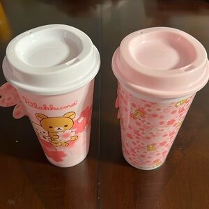 Rilakkuma SET of 2 EXCLUSIVE Cups Pink Sakura Cherry 16oz Reusable Plastic NEW